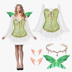 Women’s XXL Fairy Elf Costume Green Dress Wings Renaissance Cosplay